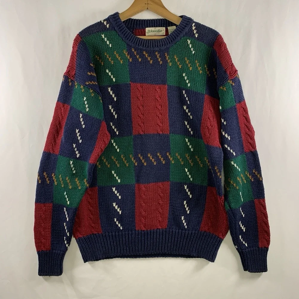 VTG 90s Mens Colorblock Cable Knit Sweater L/XL Cotton Ramie Grandpa Dad